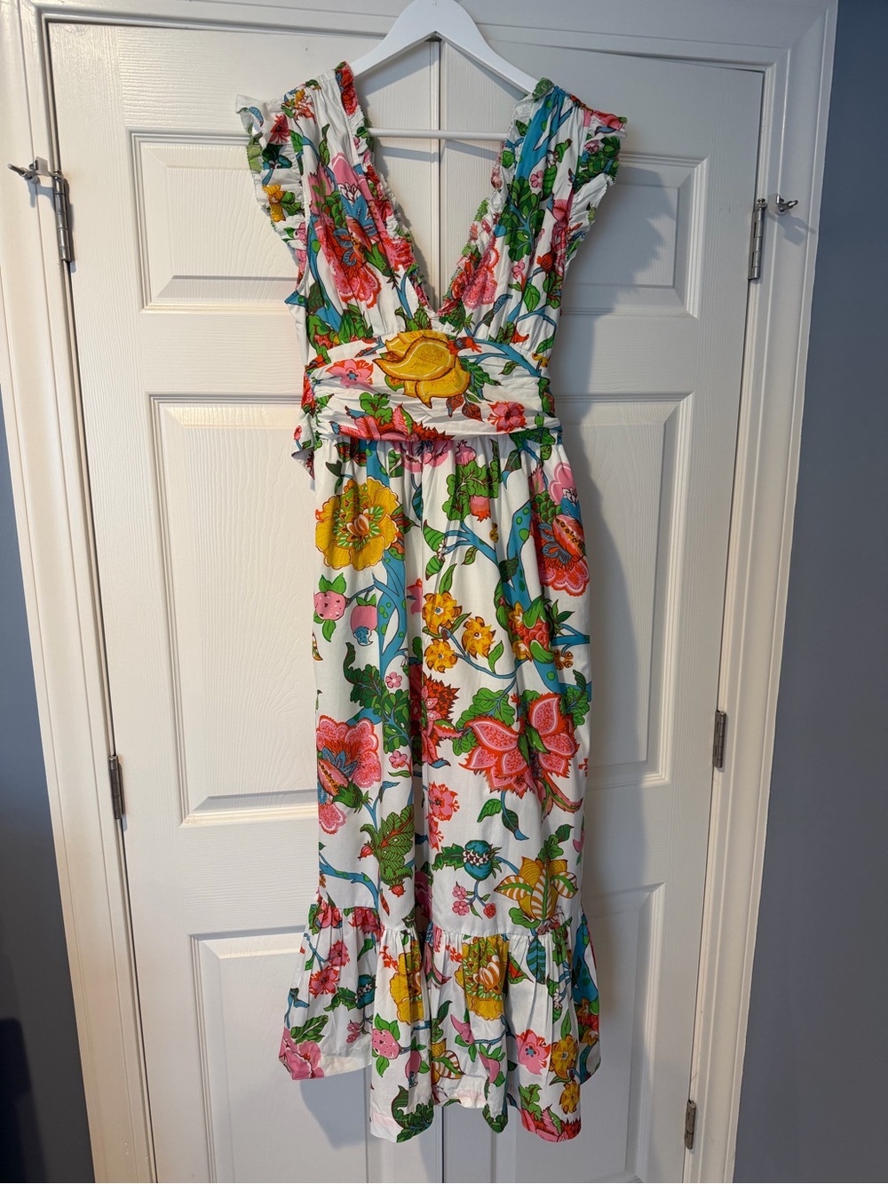 Love the Label Floral V-Neck Maxi Dress in White with Multicolor Print